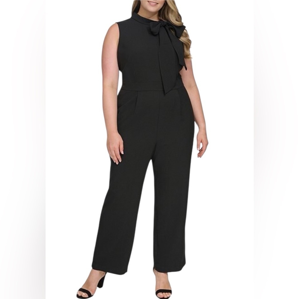 Calvin Klein Black Sleeveless Wide Leg Jumpsuit Bow Neck Size 4